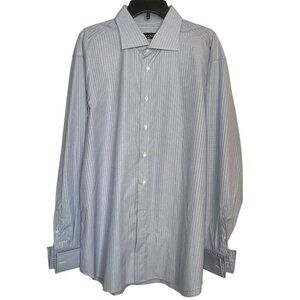EUC Canali white stripes and navy checks dress shirt with cuffs sz 18 1/2